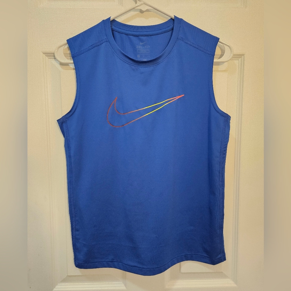 Nike Boys Blue Sleeveless Tank Top with Multicolor Swoosh